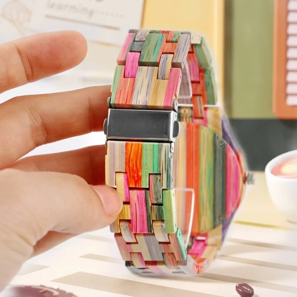 Men's Pink Purple Handmade Colorful Bamboo Engraved Analog Quartz Wooden Watch